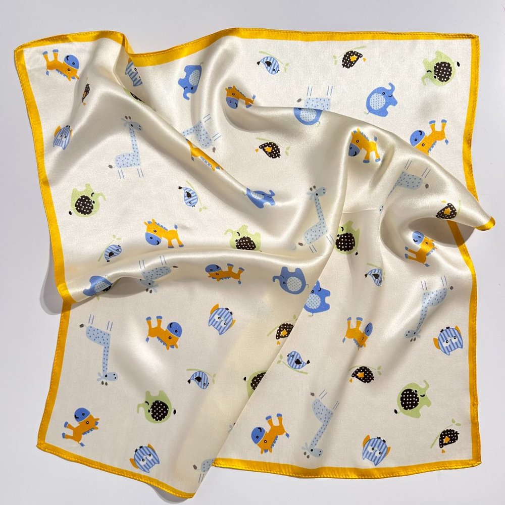 Blue&Yellow&Cream Toy Pure Silk Square Scarf
